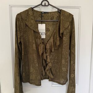 Zara Olive Green Ruffle Tie-Front Blouse